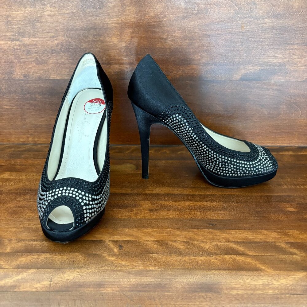 Caparros Women's Rhinestone Platform Peep-toe heels Black Regencycore Y2K 8.5